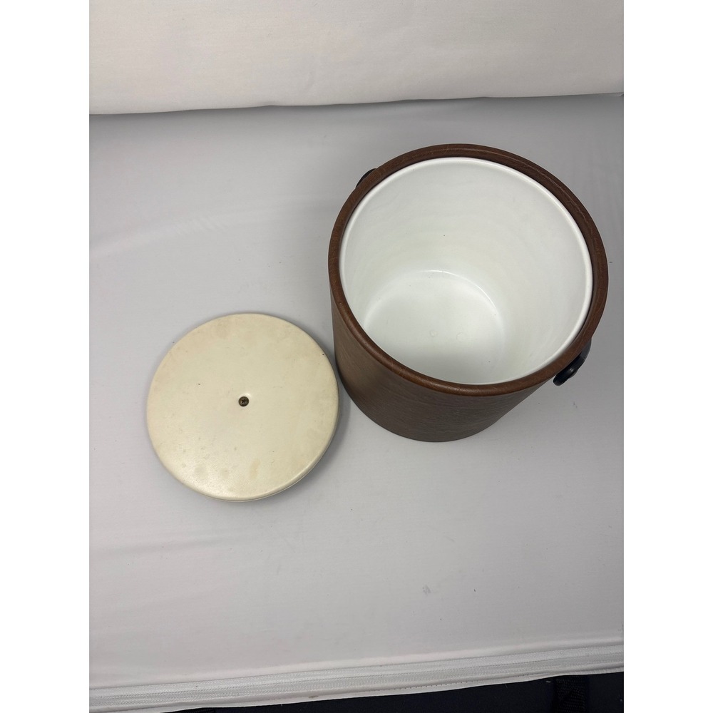 Vintage Mid Century Modern Brown Faux Leather Insulated Ice Bucket with Handle - Picture 5 of 6